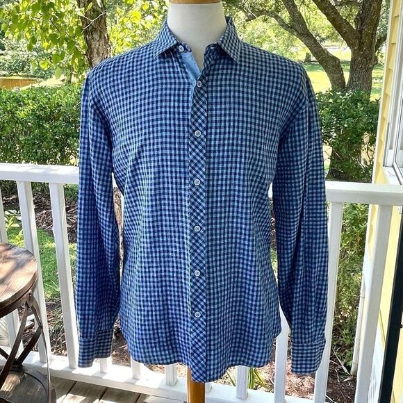 Bugatchi Linen Check Long Sleeve Dress Shirt. Shaped fit. Medium. Perfect condit - Picture 1 of 7